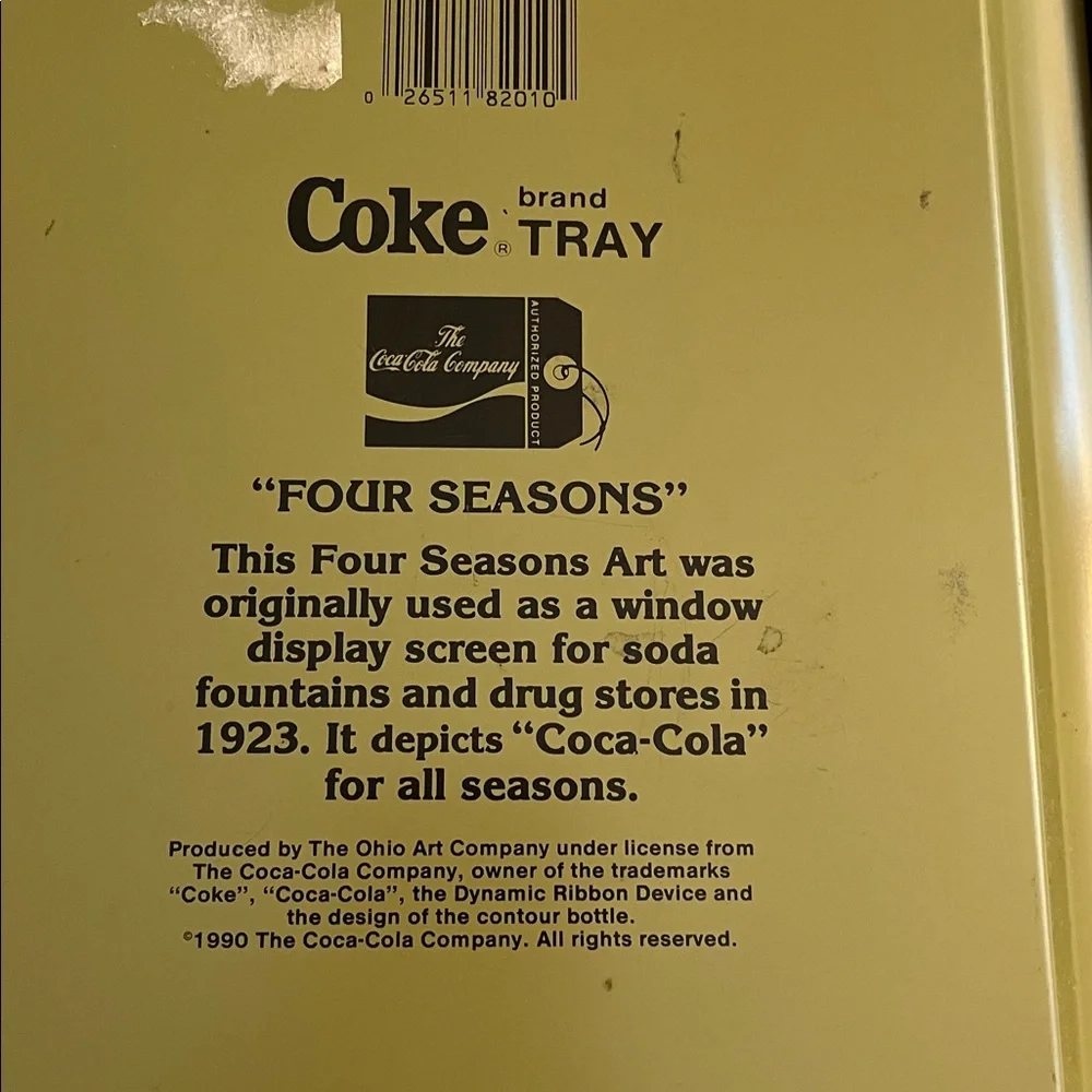 1990 Coca Cola Black Four Seasons Rectangular Metal Tray.